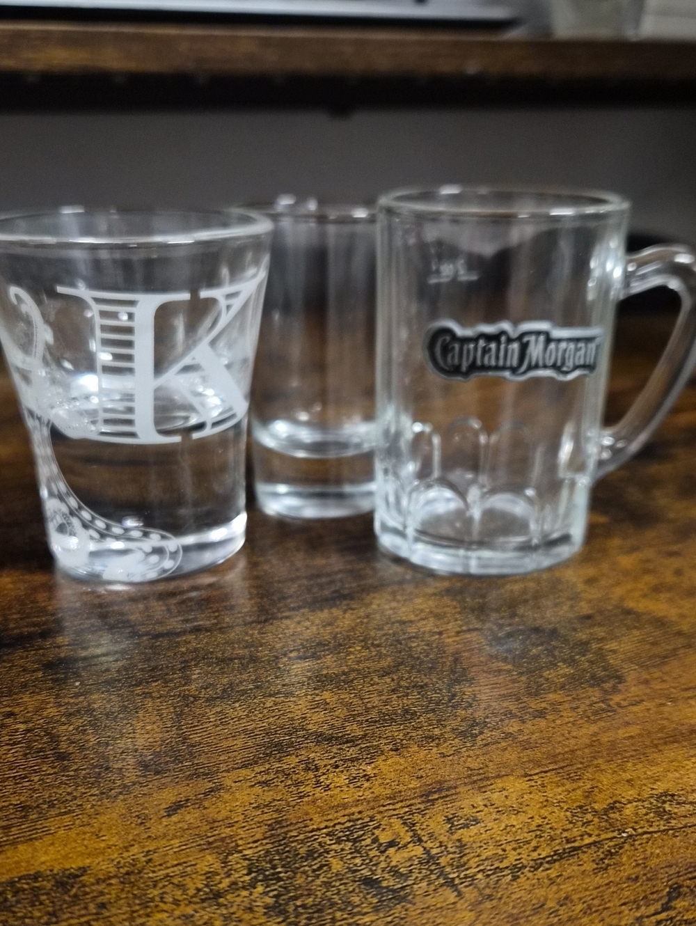 Captain Morgan Mug Shot Glass, K & Octopus Legs Shit Glass